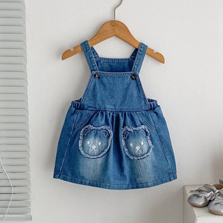 Baby denim Bear patch embroidered overalls skirt&romper