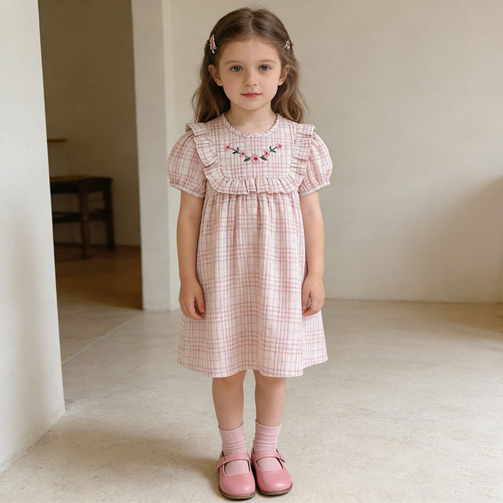 Girls' plaid floral embroidered short-sleeved dress