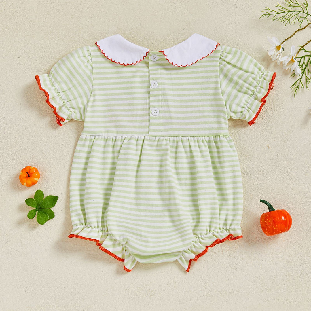 Halloween Pumpkin Embroidery Striped Puff Sleeve Romper
