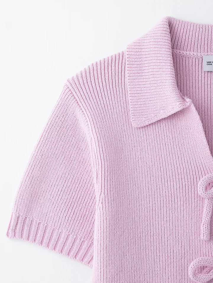 Bow deco short-sleeved slim-fit knit top