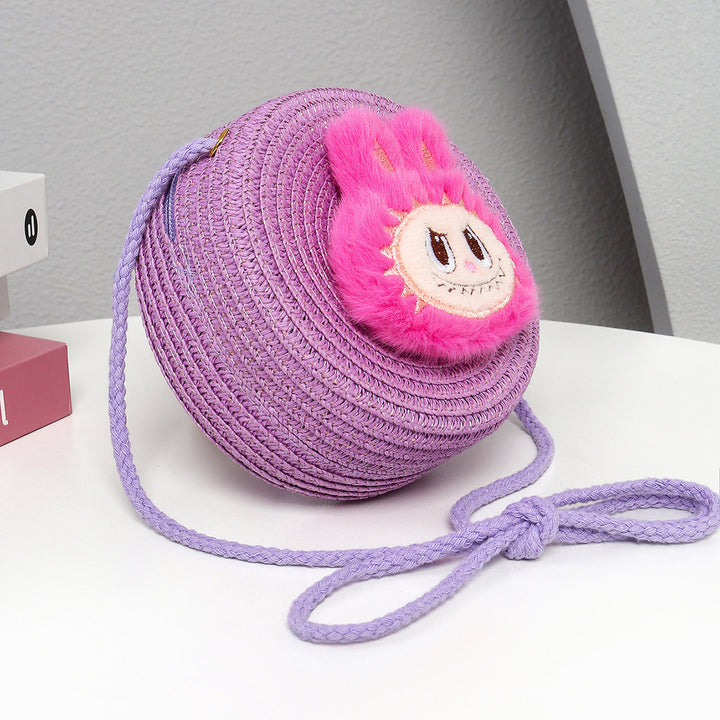 Cartoon cute monster Handmade Woven Straw Crossbody Bag