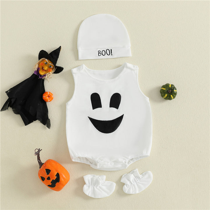 Halloween sleeveless ghost romper hat&shoes 3pcs set