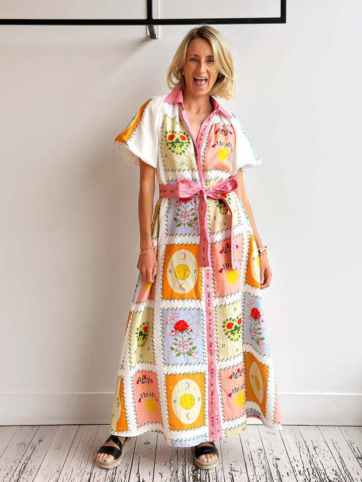 Floral-Print Linen Loose Lace-Up Maxi Swing Dress