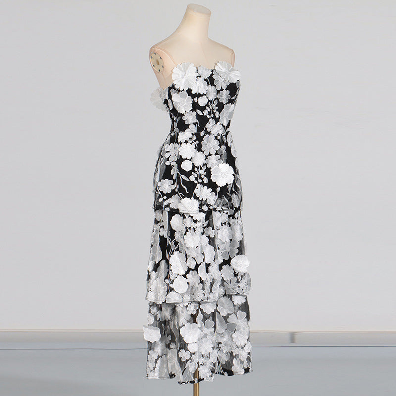 Tube top 3D stitching flower ruffle layered dress
