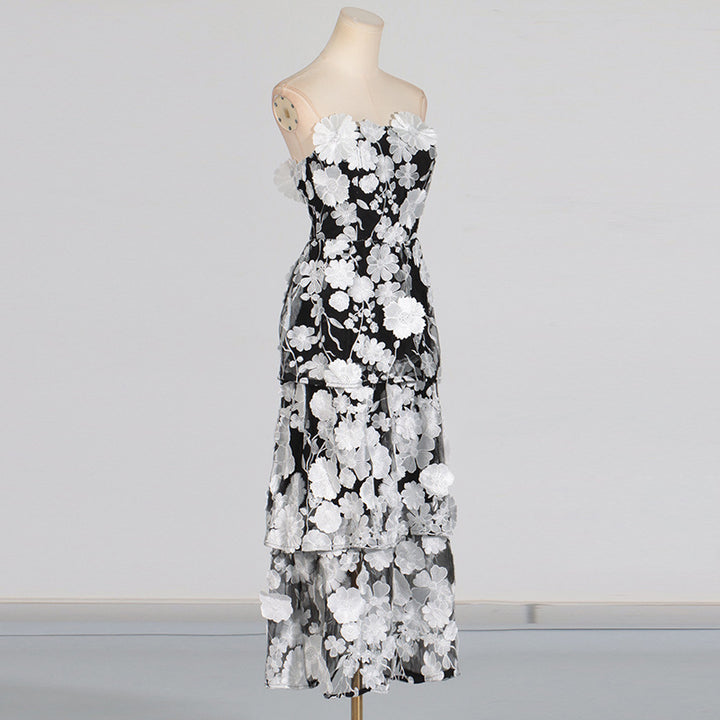 Tube top 3D stitching flower ruffle layered dress
