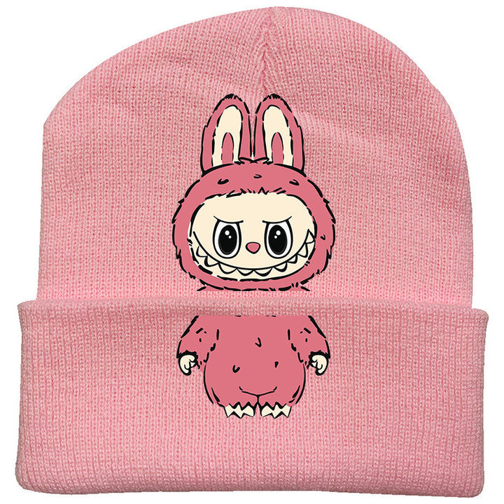 Cute monster printed knitted beanie hat-pink