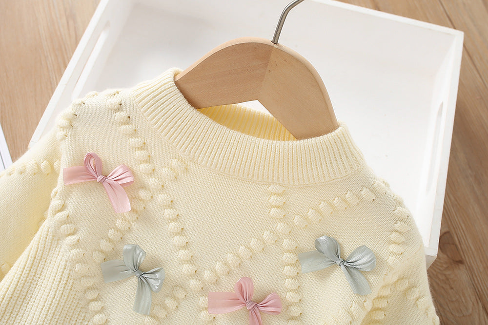Sweet bowknot knitted sweater&skirt 2pcs set for girls