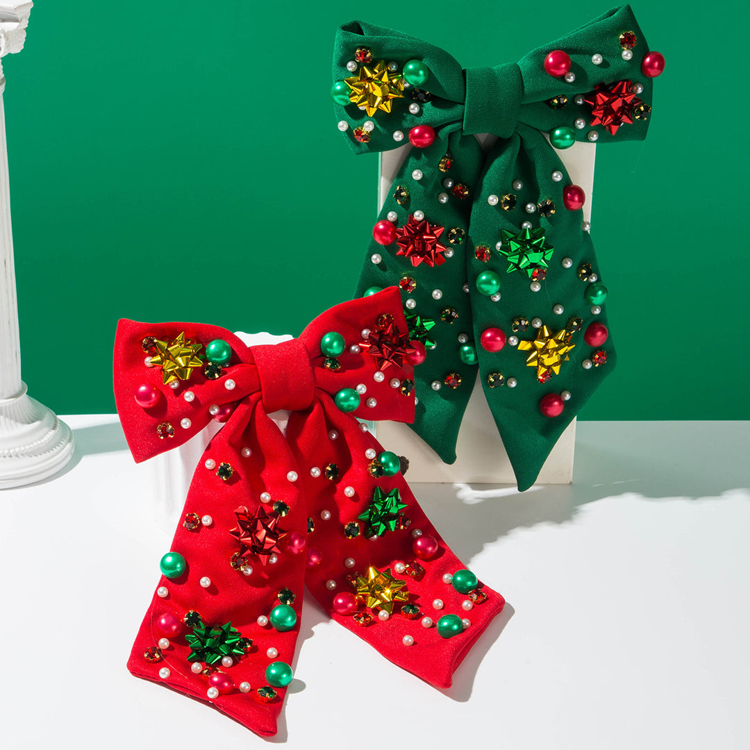 Christmas Red & Green Pearls Beads Rhinestones Hair Bow Barrette Clip