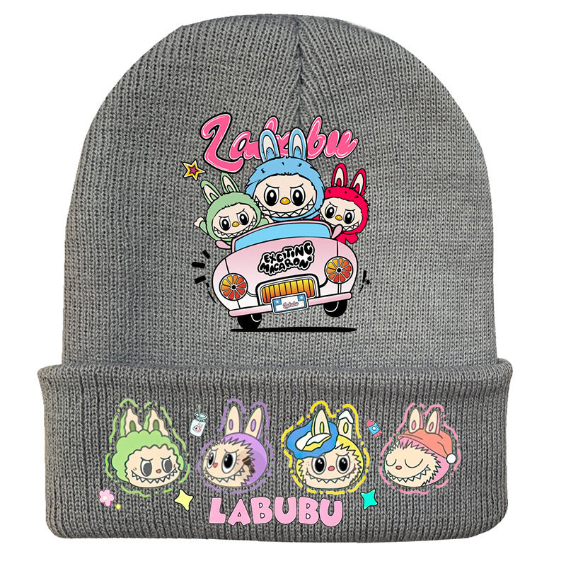 Cute monster printed knitted beanie hat-gray