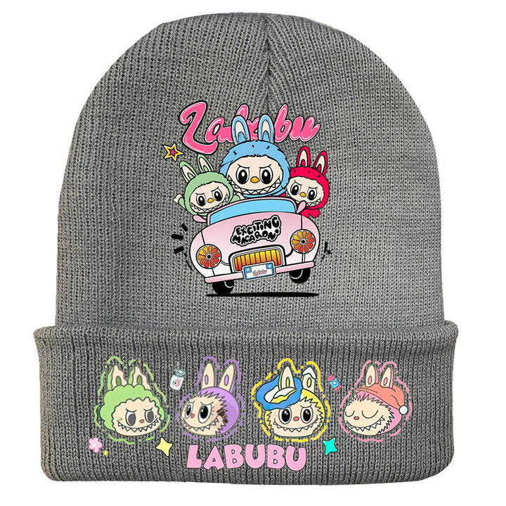 Cute monster printed knitted beanie hat-gray