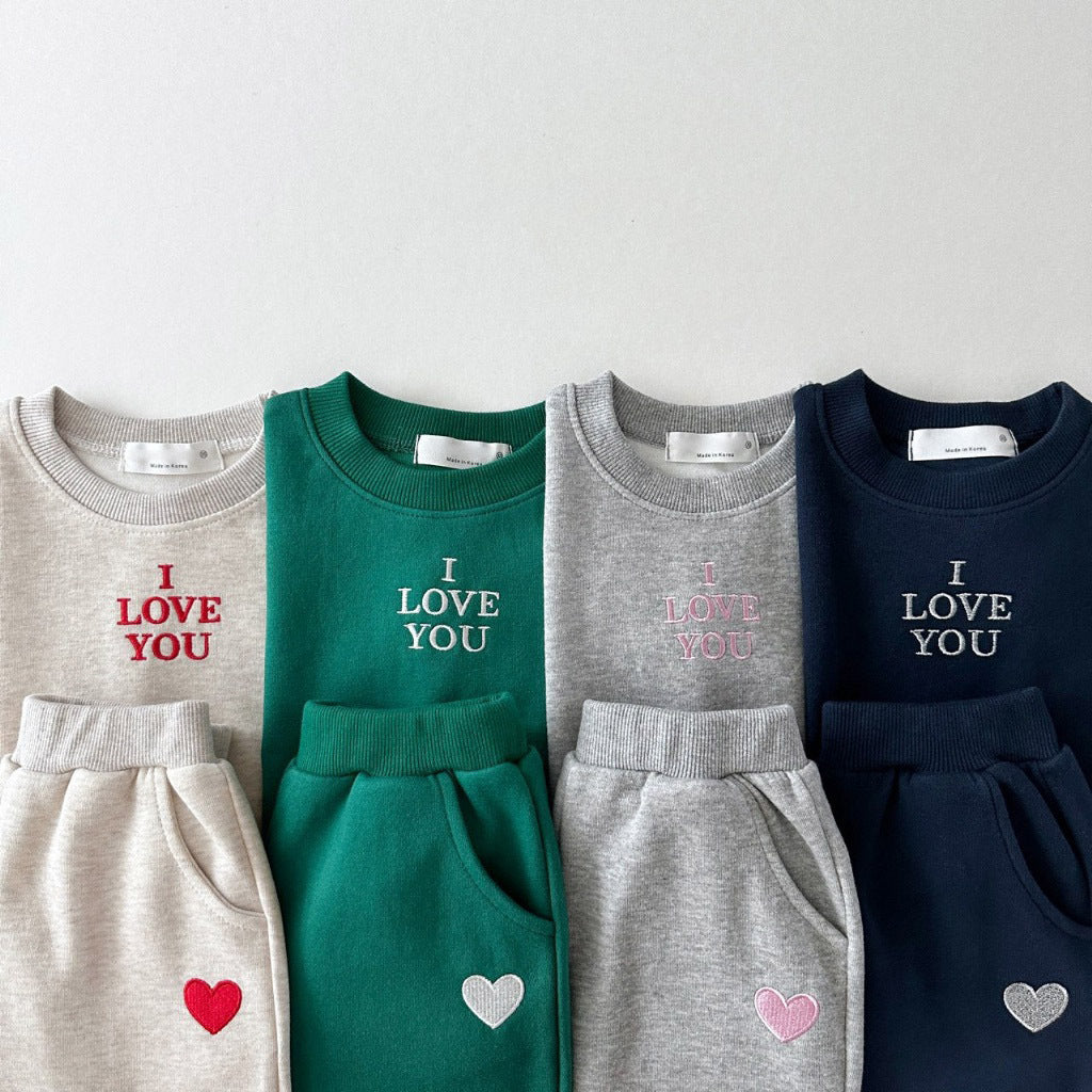 "I LOVE YOU" Letter Embroidery Sweatshirt &amp; Heart Sweatpants Set