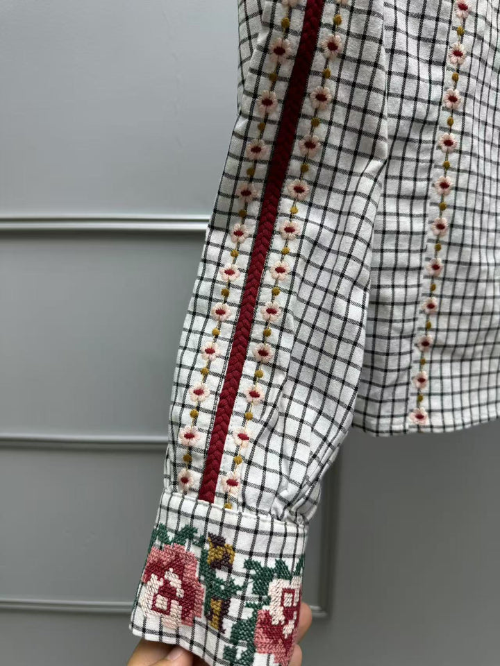 Exquisite floral embroidery V-neck plaid shirt