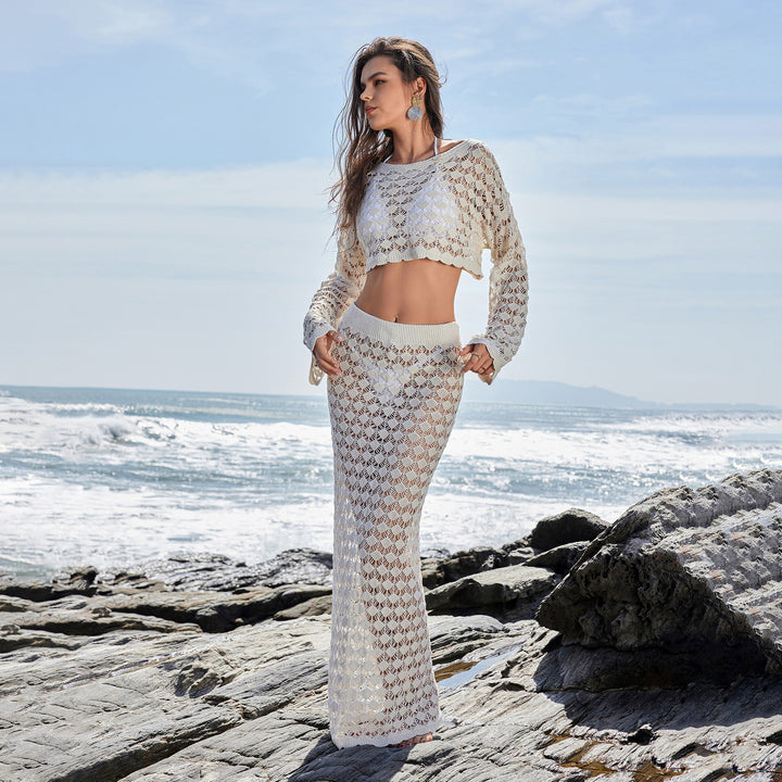 Hollow knitted short top&skirt beach cover up
