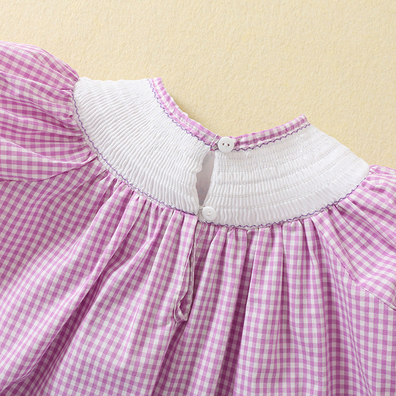 Purple plaid Birthday smocked dress with exquisite embroidery