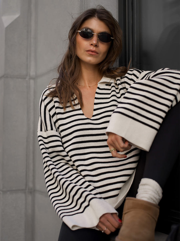 Black striped lapel pullover sweater for women