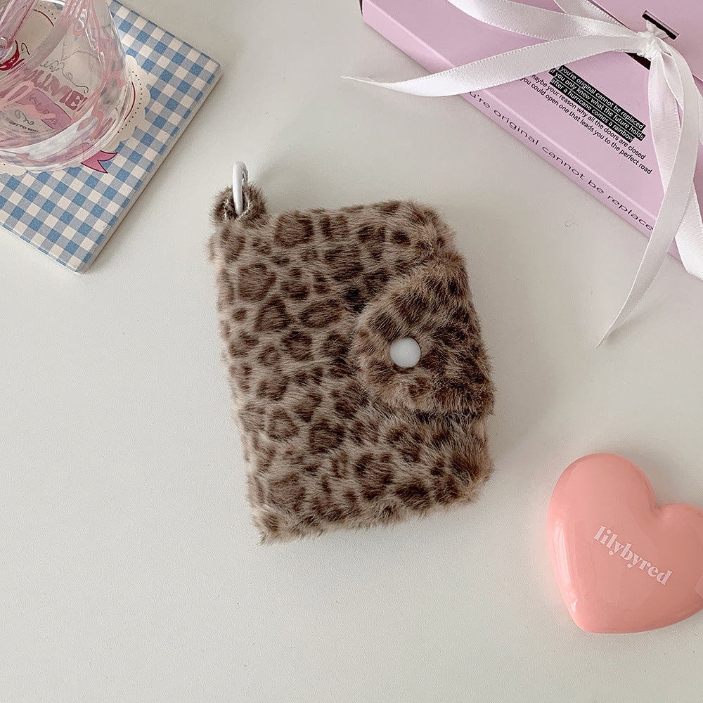Fluffy leopard small wallet with snap closure for girls