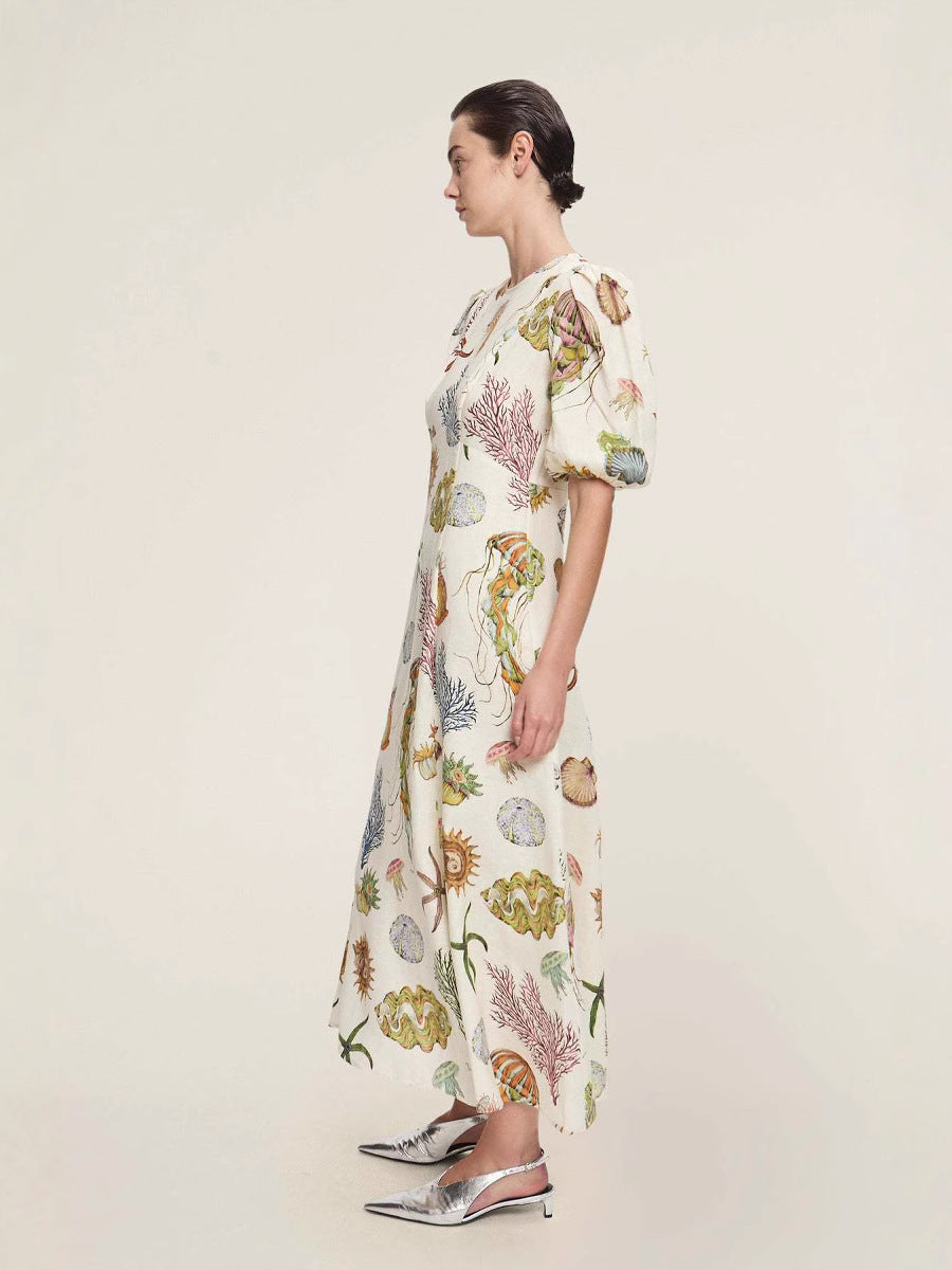 Deep Sea Dreaming Lantern Sleeve Round Neck Linen Dress