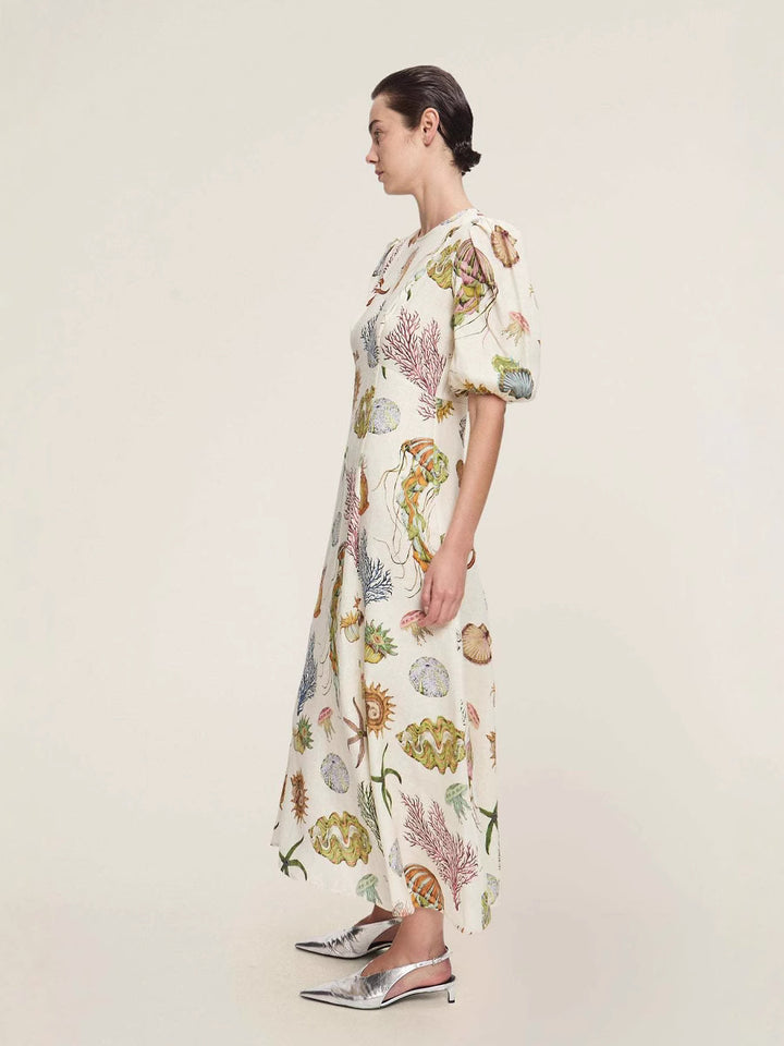 Deep Sea Dreaming Lantern Sleeve Round Neck Linen Dress