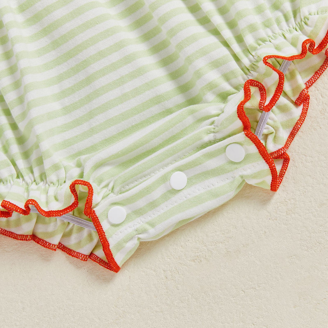 Halloween Pumpkin Embroidery Striped Puff Sleeve Romper