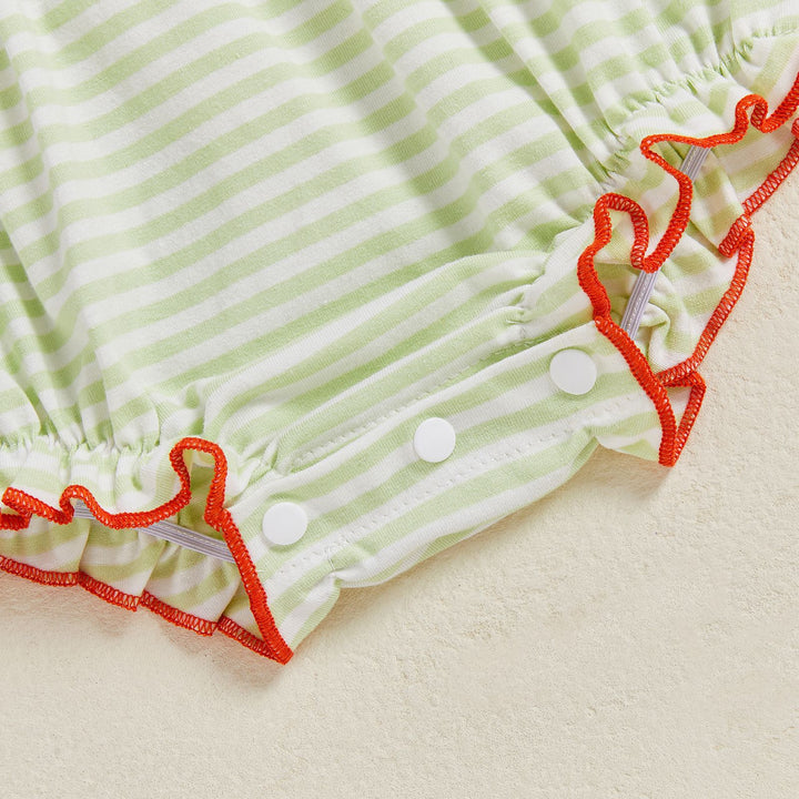 Halloween Pumpkin Embroidery Striped Puff Sleeve Romper