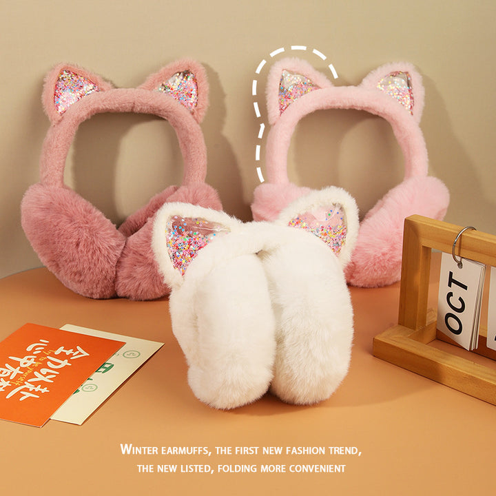 Sequin quicksand colorful furry Cat Earmuffs for kids
