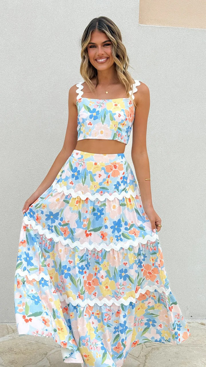 Rick rack floral lace sling top&skirt set