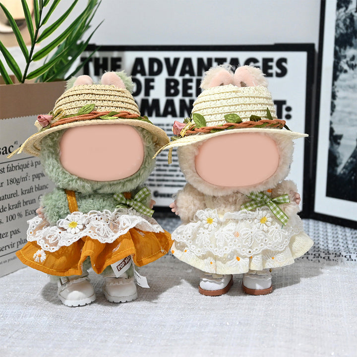 Labubu Straw hat&embroidered dress dolls clothes