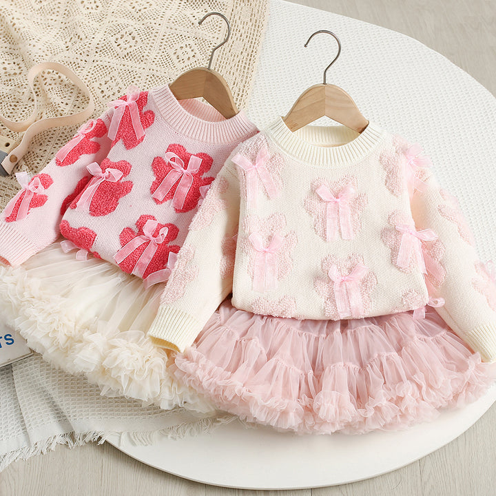 Valentine's sweet bear Jacquard sweater&tutu skirt 2pcs set