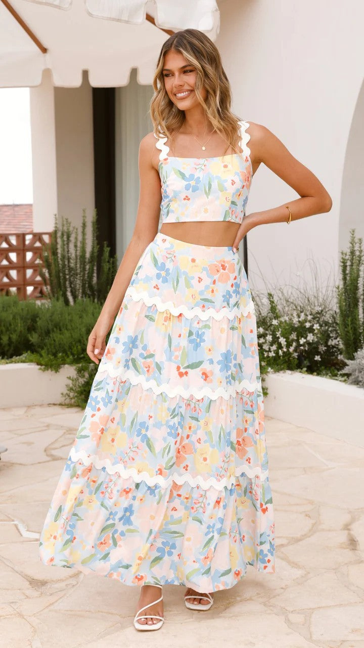 Rick rack floral lace sling top&skirt set