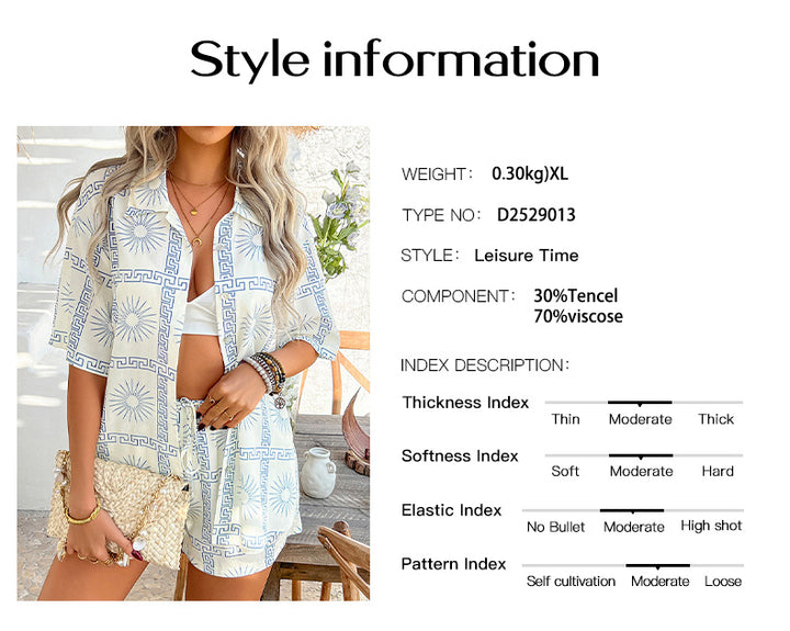 Boho Printed Button Top&short Set for summer vacation