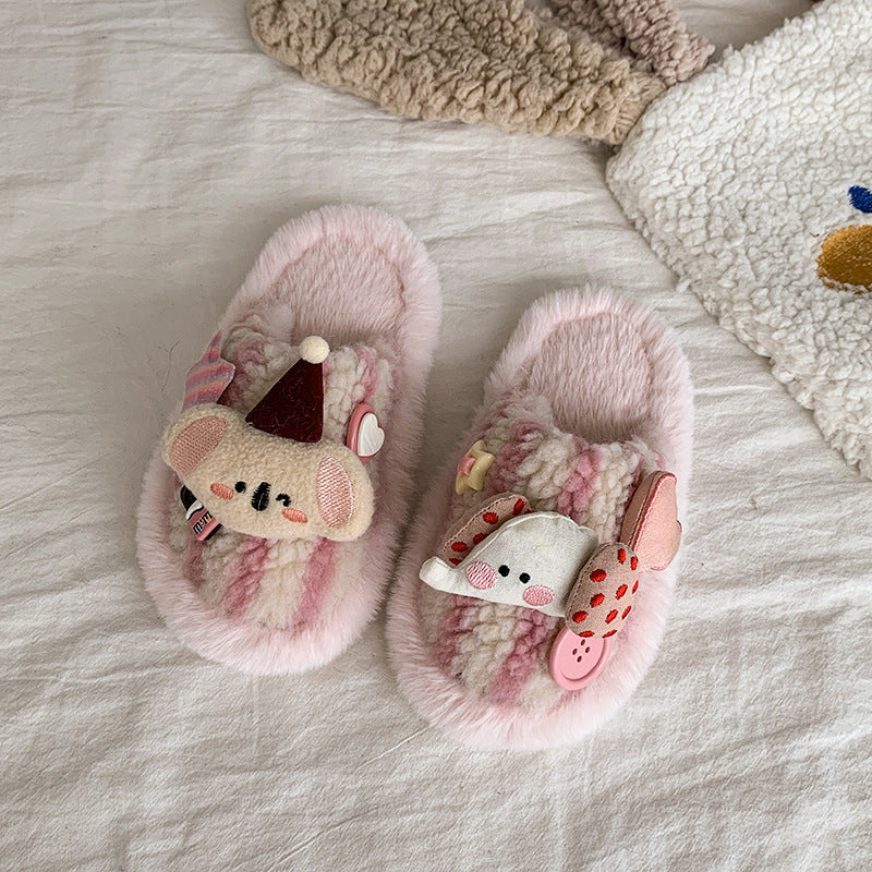Cute bear plush home slippers furry girls Christmas slippers