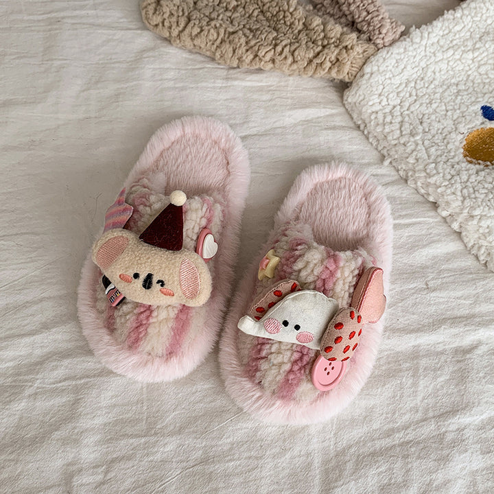 Cute bear plush home slippers furry girls Christmas slippers