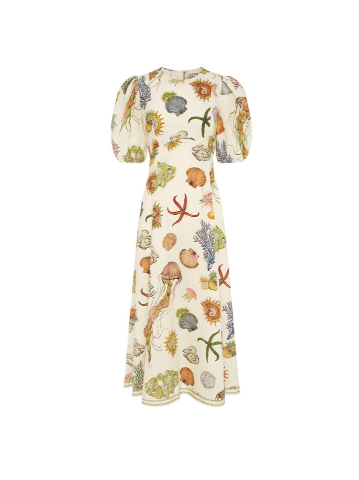 Deep Sea Dreaming Lantern Sleeve Round Neck Linen Dress