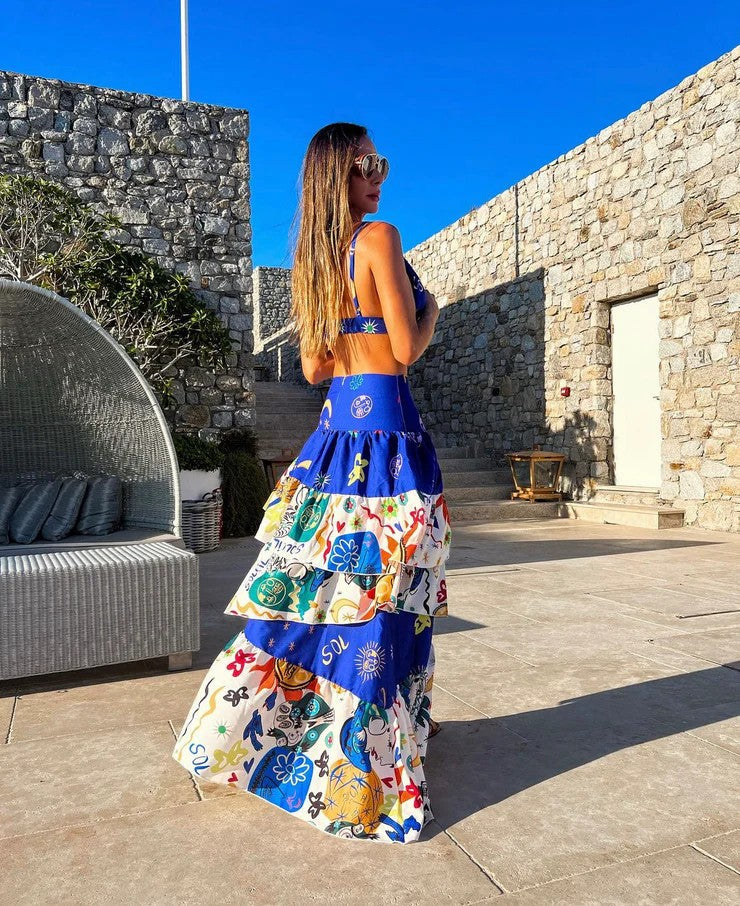 Graffiti Suspenders Top& layered Skirt Set