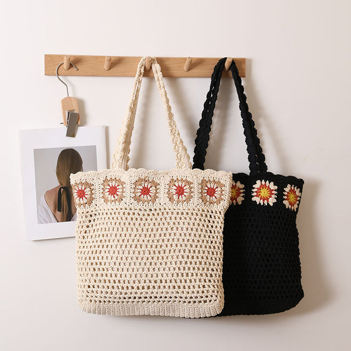 Large capacity cotton woven bag hollow flower knitted beach bag