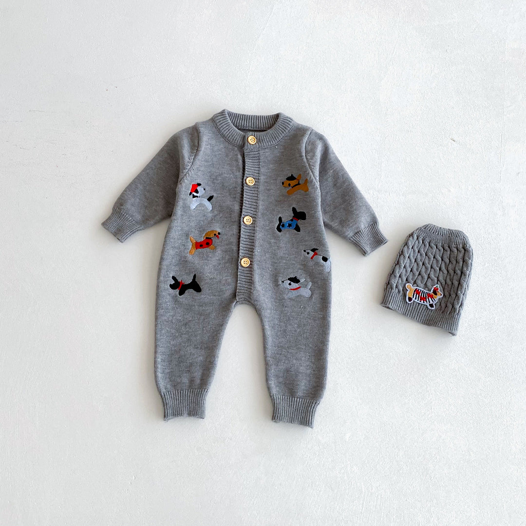 Baby puppy embroidered knitted warm romper