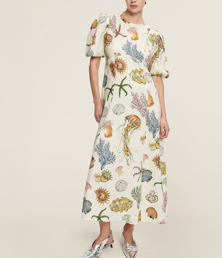 Deep Sea Dreaming Lantern Sleeve Round Neck Linen Dress