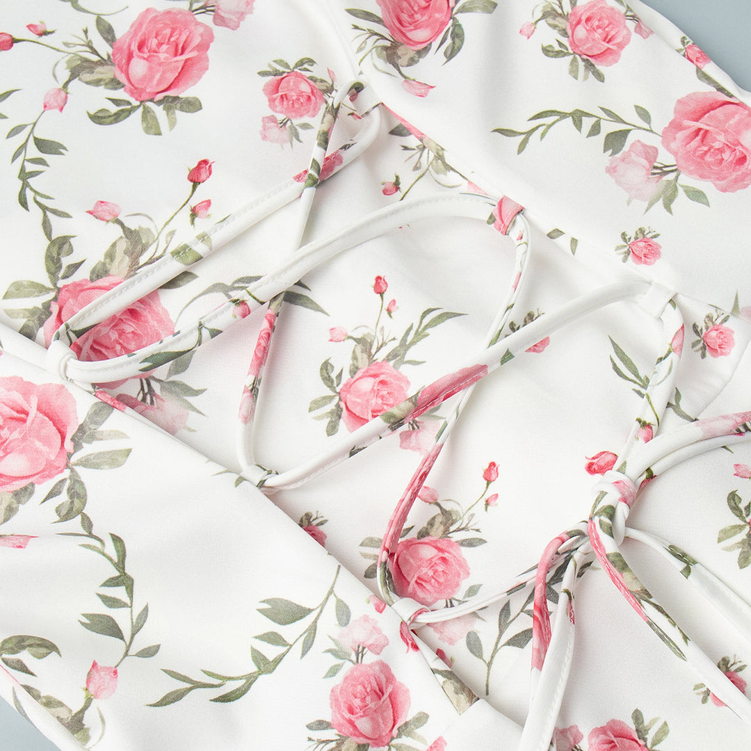 French v-neck puff sleeve floral ruffle dress