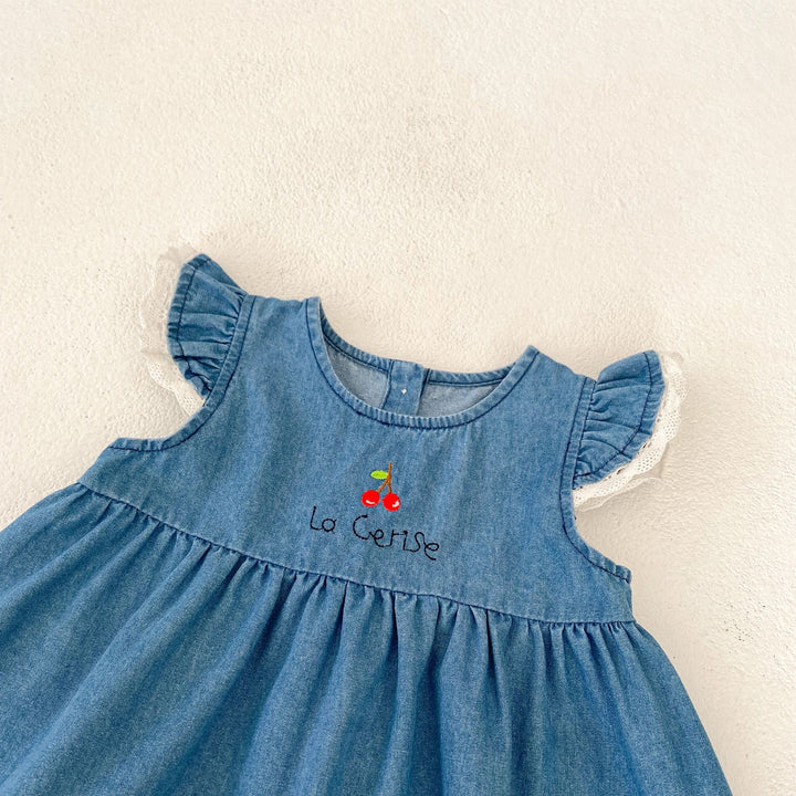 Baby denim lace dress top&bubble short 2pcs set
