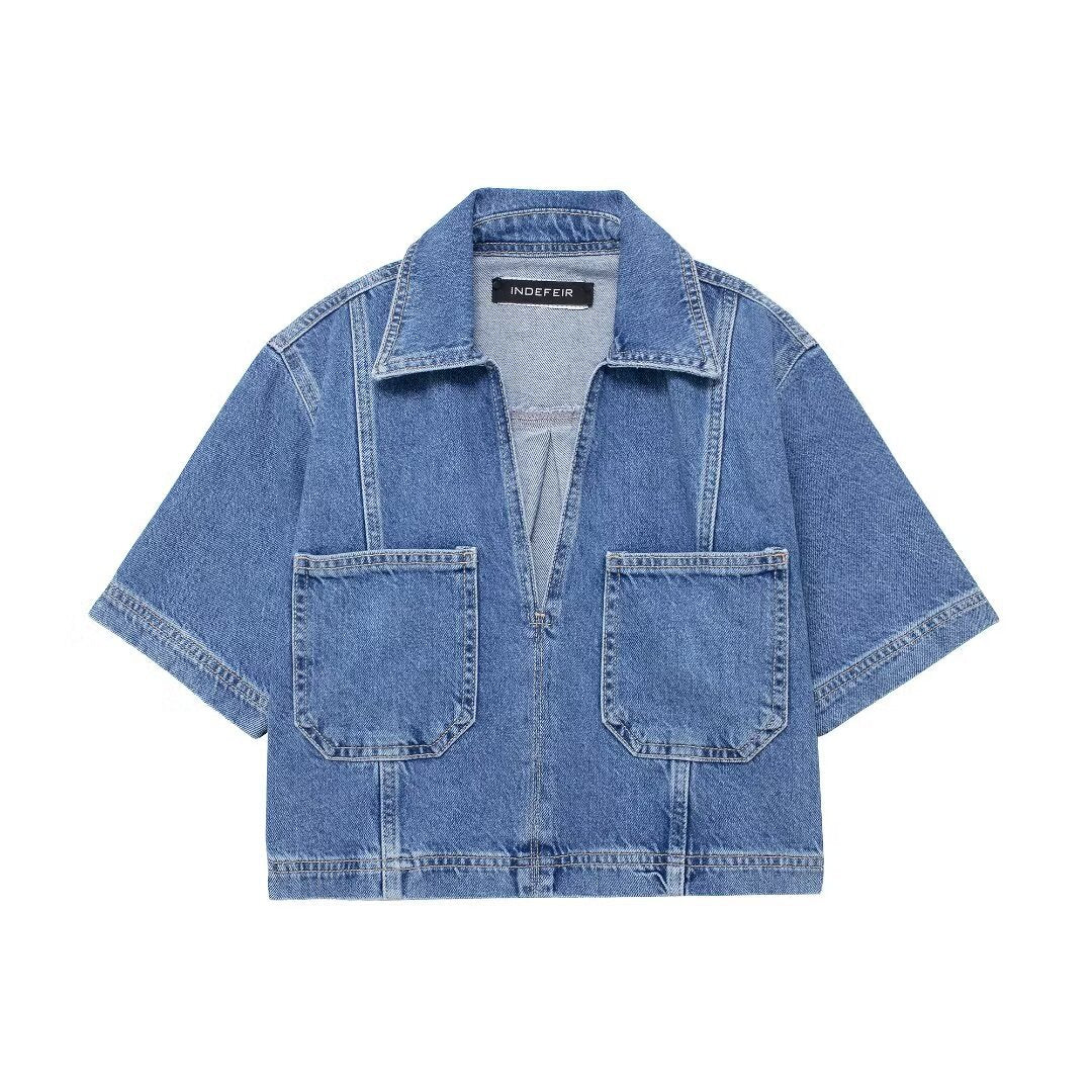 Cropped Denim Shirt&Double Breasted Culottes