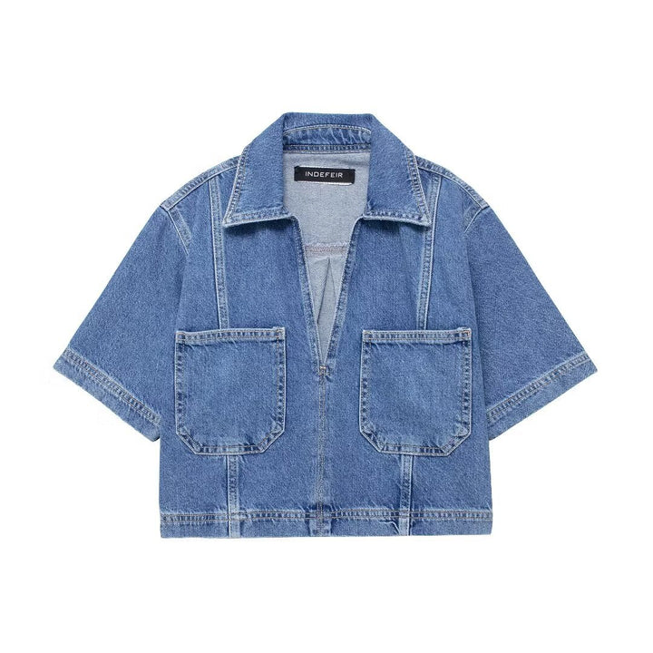 Cropped Denim Shirt&Double Breasted Culottes