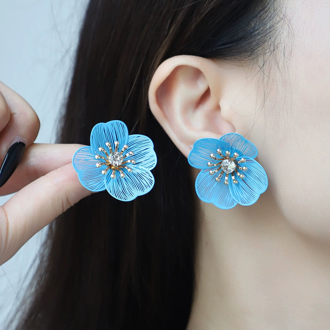 Metal hollow blue flower earrings&necklace