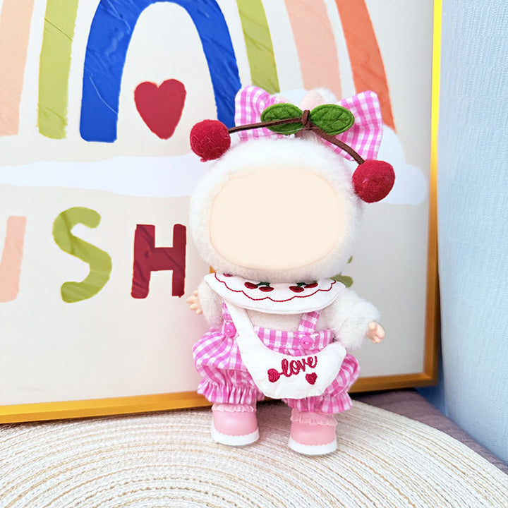 Labubu pink green checkered cherry overalls 5pcs set