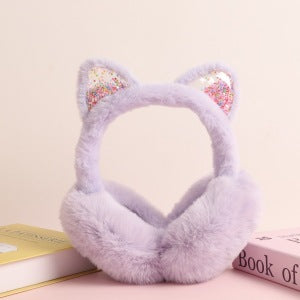 Sequin quicksand colorful furry Cat Earmuffs for kids