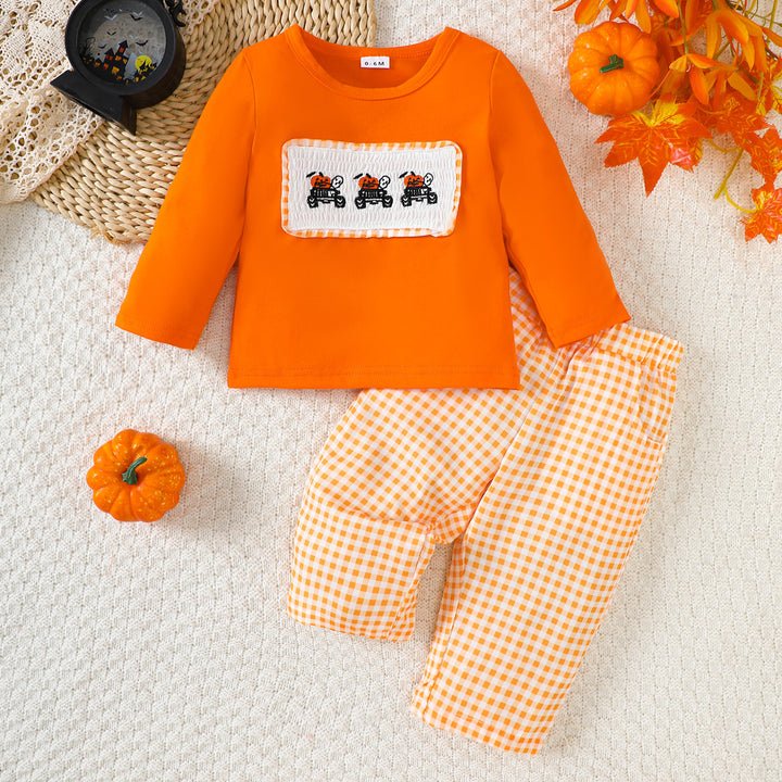 Baby boys Halloween embroidered top&plaid pant set