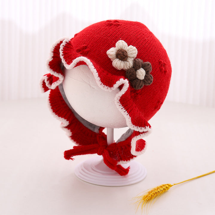 Baby cute sweet flower ruffle hem knitted hat