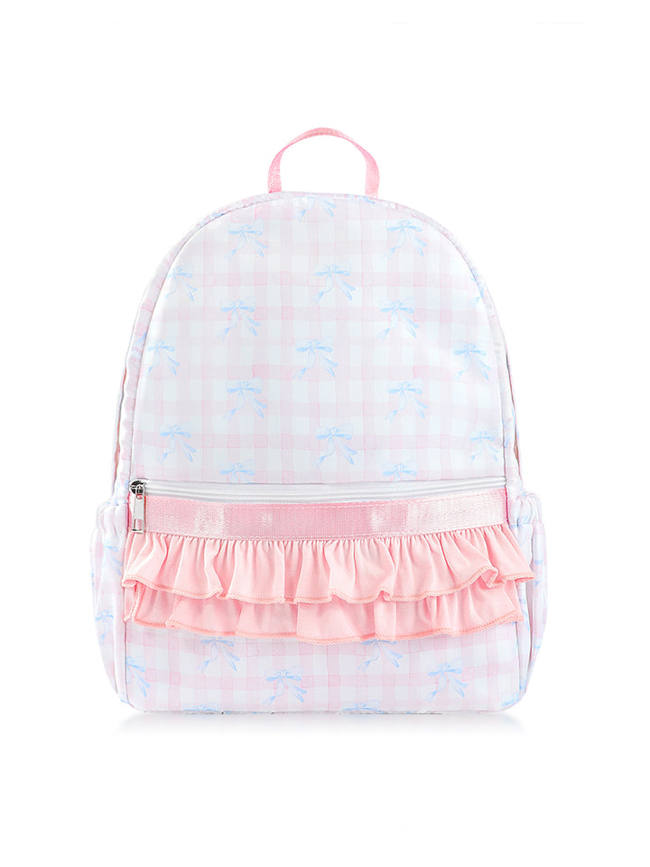 Pink Floral Lightweight Nylon Backpack with Ruffle Decoration