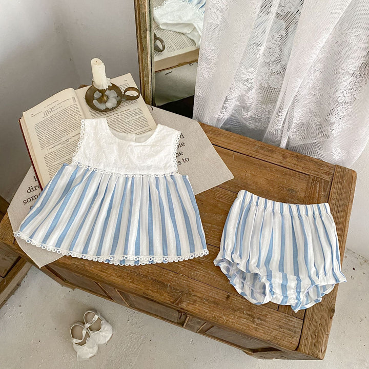 Baby embroidery blue striped romper 2pcs set