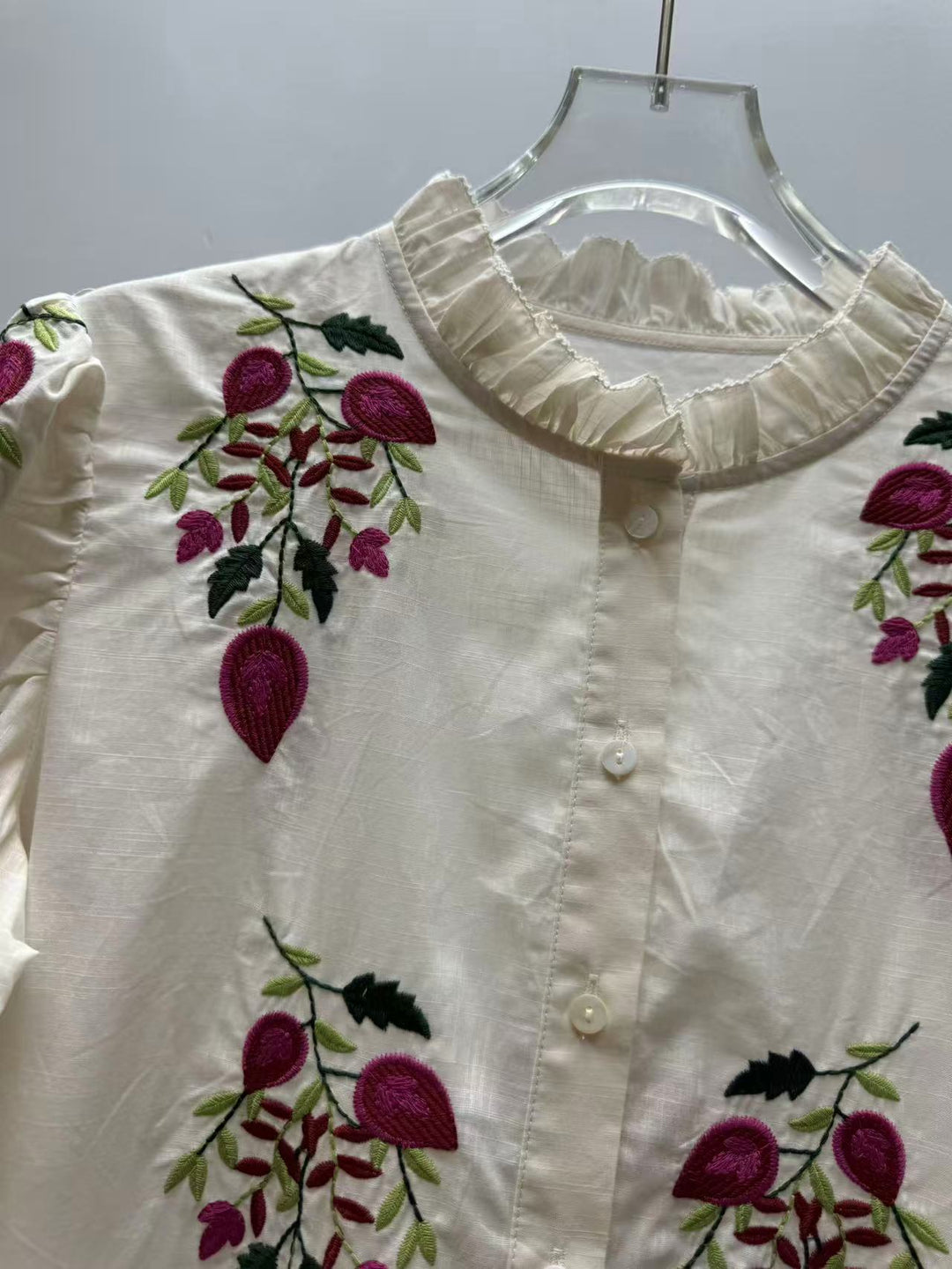 Flower Embroidered Button Shirt with Puff Sleeves