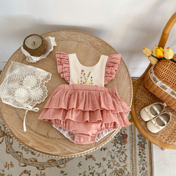 Baby floral embroidery romper with flying sleeves
